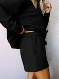 Momentlover Solid Color Long Sleeves Loose Round-Neck Sweatshirt Top + Drawstring Shorts Bottom Two Pieces Set