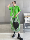 Momentlover Original Striped Irregularity Blouse Tops+Skirt Suits