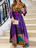 Momentlover Long Sleeves Loose Leopard V-Neck Maxi Dresses