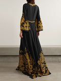 Momentlover Split-Front Printed Contrast Color Loose Flared Sleeves Maxi Dresses