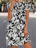 Momentlover Tied Split-Joint Printed Short Sleeves Ruffle Sleeves V-Neck Mini Dresses