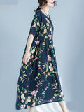 Momentlover Flower Print Short Sleeves Loose Round-Neck Midi Dresses