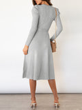 Momentlover Tied Waist Solid Color Long Sleeves High Waisted Round-Neck Sweater Dresses Midi Dresses