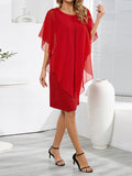Momentlover Split-Joint Solid Color See-Through Gauze Loose Half Sleeves Mini Dresses