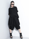 Momentlover Loose Solid Color Round-Neck Short Sleeves  Tops+ Elasticity Pleated Cropped Pants Two Pieces Set