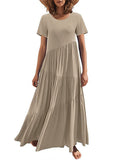Momentlover Casual Short Sleeves Loose Solid Color Round-Neck Maxi Dresses