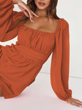 Momentlover Tied Solid Color Elasticity Backless Puff Sleeves Loose Square-Neck Rompers