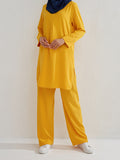 Momentlover Solid Color Long Sleeves Pockets Split-Side Round-Neck Shirts Top + Pants Bottom Two Pieces Set