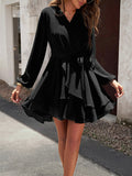 Momentlover Tied Waist Solid Color Ruffled Puff Sleeves Loose V-Neck Mini Dresses
