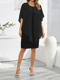 Momentlover Split-Joint Solid Color See-Through Gauze Loose Half Sleeves Mini Dresses