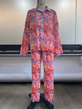 Momentlover Print Long Sleeves Loose Buttoned Pleated Lapel Shirts Top + Elasticity Pants Bottom Two Pieces Set