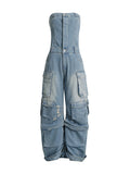 Momentlover Split-Joint Pockets Hollow Buttoned Wide Leg Sleeveless Tube Jumpsuits