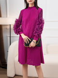 Momentlover Solid Color Pleated Embroidered Loose Long Sleeves Round-neck Midi Dresses