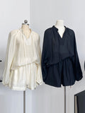Momentlover Casual Loose Solid Color Puff Sleeves Blouse&Wide Leg Shorts Two Pieces Set