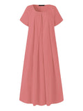 Momentlover Simple Solid Color U-Neck Pleated Short Sleeves Maxi Dress