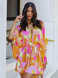 Momentlover Original Loose Printed Contrast Color Tied Buttoned Mini Shirt Dress