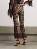 Momentlover Long Sleeves Feathers Leopard Round-Neck Pants Pants Set T-Shirts Tops Two-Piece Sets