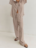 Momentlover Printed Plaid Wide Leg  Pants&Lapel Shirts Tops Two Pieces Set