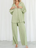 Momentlover Drawstring Pleated Flared Sleeves Long Sleeves Buttoned Solid Color Split-Side Lapel Shirts Top + Pants Bottom Pajama Sets