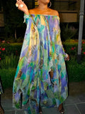 Momentlover Batwing Sleeves High-Low Printed Off-The-Shoulder Maxi Dresses
