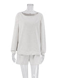 Momentlover Solid Color Long Sleeves Loose Elasticity Round-Neck Shirts Top + Shorts Bottom Two Pieces Set