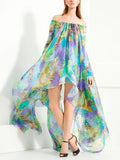 Momentlover Batwing Sleeves High-Low Printed Off-The-Shoulder Maxi Dresses