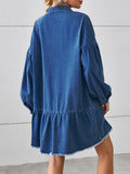 Momentlover Split-Joint Pockets Pleated Fringed Buttoned Loose Long Sleeves Lapel Mini Dresses