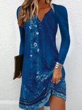 Momentlover Floral Printed Loose Long Sleeves V-Neck Mini Dresses