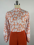 Momentlover Flower Print Long Sleeves Hollow Mock Neck Shirts Top + High Waisted Pants Bottom Two Pieces Set