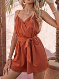 Momentlover Solid Color Sleeveless Loose Spaghetti-Neck Rompers