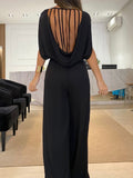 Momentlover Solid Color Hollow Backless Wide Leg High-Low Round-Neck Jumpsuits Bottoms