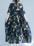 Momentlover Flower Print Short Sleeves Loose Round-Neck Midi Dresses