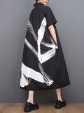 Momentlover Original Loose Short Sleeves Buttoned Contrast Color Printed Midi Dresses