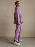Momentlover Casual Long Sleeves Loose Solid Color Round-Neck Sweater Tops & Wide Leg Pants Two Pieces Set