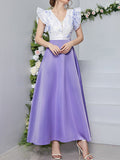 Momentlover Split-Joint Printed Petal Sleeves High Waisted Deep V-Neck Maxi Dresses