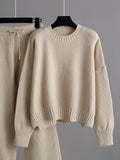 Momentlover Urban Loose Long Sleeves Solid Color Round-Neck High-Low Sweater Tops & Wide Leg Pants Suits