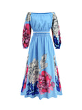 Momentlover Off-The-Shoulder A-Line Elasticity Flower Print Pleated Shirts Top + High Waisted Skirts Bottom Two Pieces Set