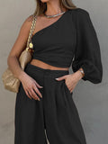 Momentlover Elasticity Knot Long Sleeves Loose Asymmetric Pleated Solid Color One-Shoulder Shirts Top + Pants Bottom Two Pieces Set