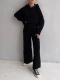 Momentlover Loose Solid Color Hooded Long Sleeves Round-Neck Sweater Top + Drawstring Pants Bottom Two Pieces Set