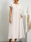 Momentlover Solid Color Pleated Short Sleeves Loose Round-Neck Midi Dresses