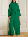 Momentlover Long Sleeves Wrap Solid Color Zipper Jumpsuits