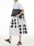 Momentlover Split-Joint Pleated Contrast Color Short Sleeves Loose Lapel Shirt Dress Midi Dresses