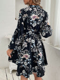Momentlover Flower Print Elasticity Drawstring Buttoned Loose Long Sleeves V-Neck Mini Dresses