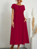 Momentlover Solid Color Pleated Short Sleeves Loose Round-Neck Midi Dresses