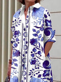 Momentlover Long Sleeves Floral Printed Lapel Midi Dresses