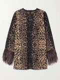 Momentlover Long Sleeves Feathers Leopard Round-Neck Pants Pants Set T-Shirts Tops Two-Piece Sets