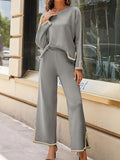 Momentlover Split-Side High-Low Long Sleeves Contrast Color Round-Neck Sweater Top + Pants Bottom Two Pieces Set