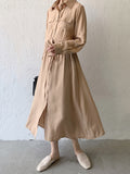 Momentlover Casual A-Line Long Sleeves Bandage Solid Color Lapel Collar Shirt Midi Dresses