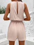 Momentlover Tied Waist Split-Joint Hollow Contrast Color Sleeveless Loose V-Neck Rompers