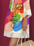Momentlover Loose Three-Quarter Sleeves Buttoned Contrast Color Figure Printed Lapel Collar Mini Dresses
